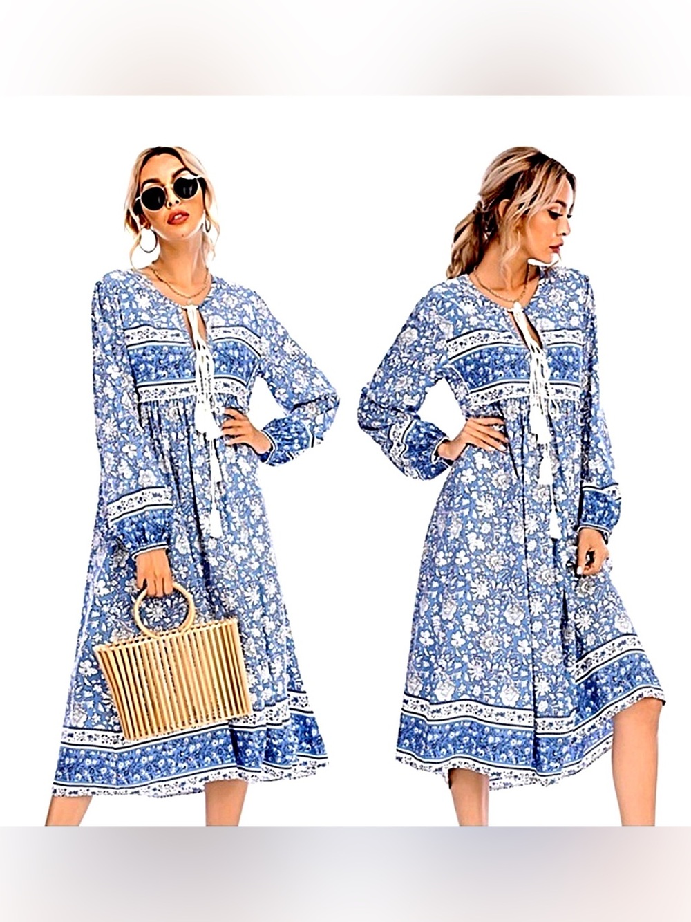 R. Vivimos Bohemian V-Neck Midi Dress - Picture 2 of 9